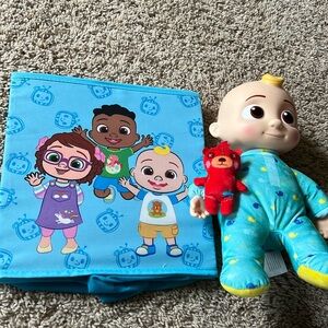 BNWOT Cocomelon JJ singing bedtime plush & matching Cocomelon storage bin